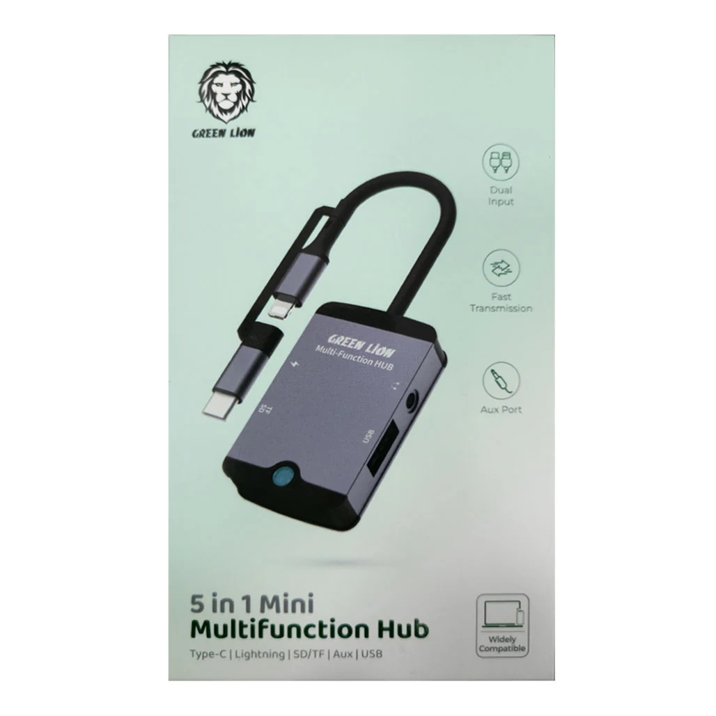 Green Lion 5-in-1 Multifunction Hub | Type-C, Lightning, SD/TF, AUX, USB - GN5IN1MINIHBBK - Image 3