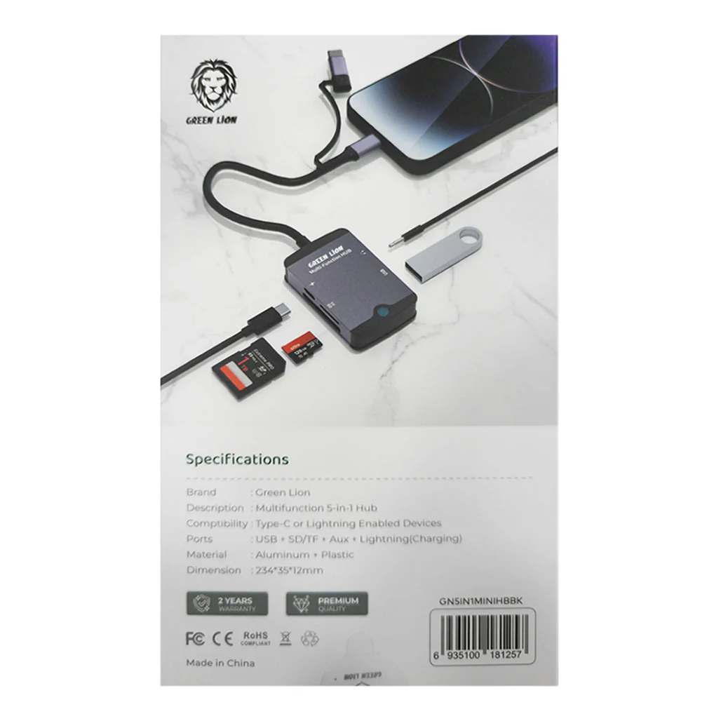 Green Lion 5-in-1 Multifunction Hub | Type-C, Lightning, SD/TF, AUX, USB - GN5IN1MINIHBBK - Image 4