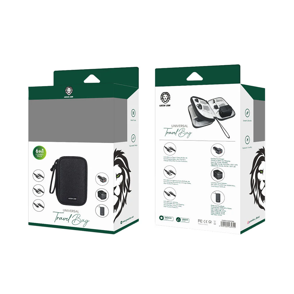 Green Lion 6-in-1 Universal Travel Bag - Black | GN6IN1UBAGBK | All-in-One Charging Solution - Image 3