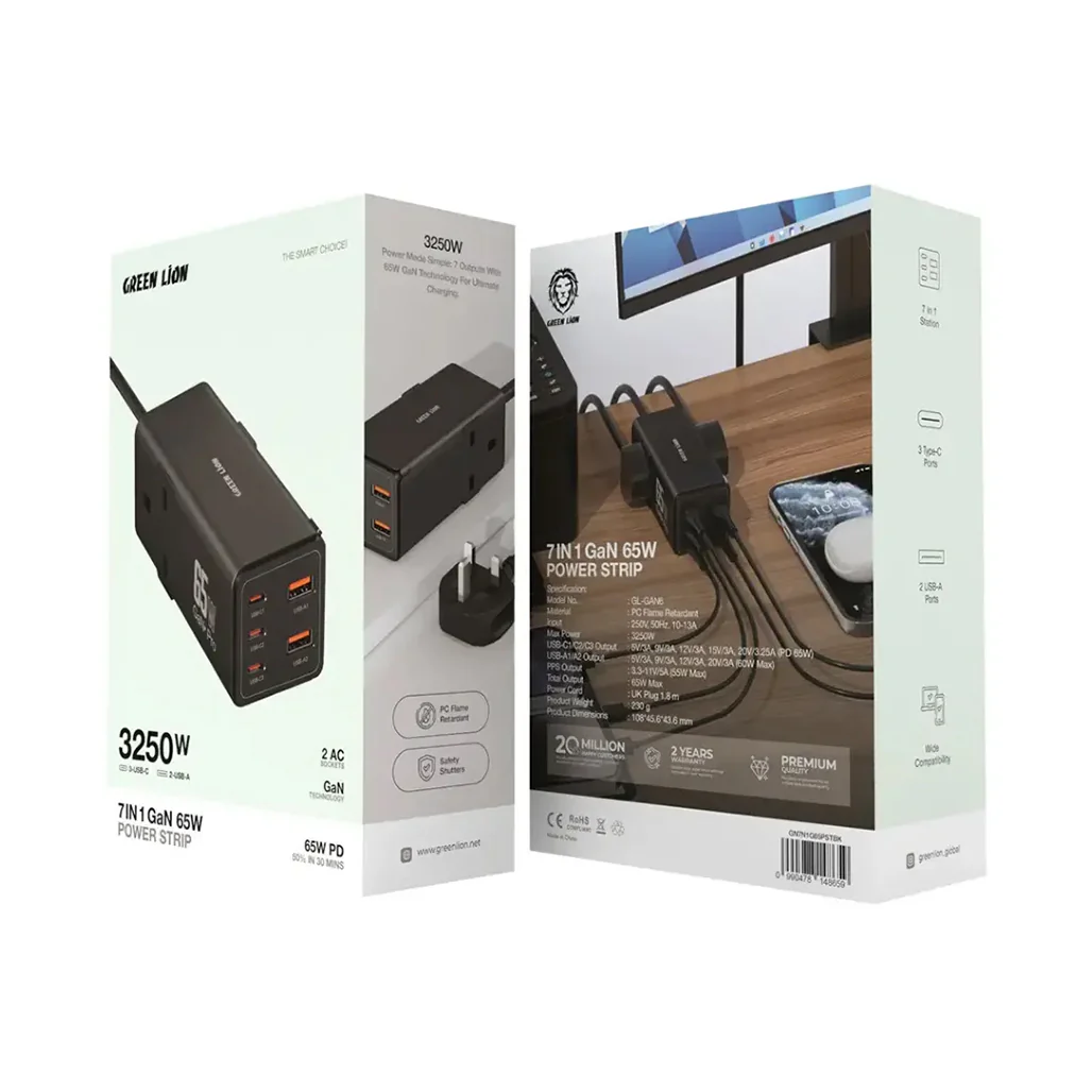 Green Lion 7-in-1 GaN 65W USB-C Power Strip with AC Outlets – Fast Charging Extension Hub (Black) - Image 2