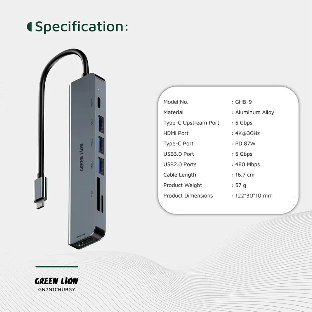 Green Lion 7-in-1 USB-C Hub Gray - GN7N1CHUBGY - Image 2