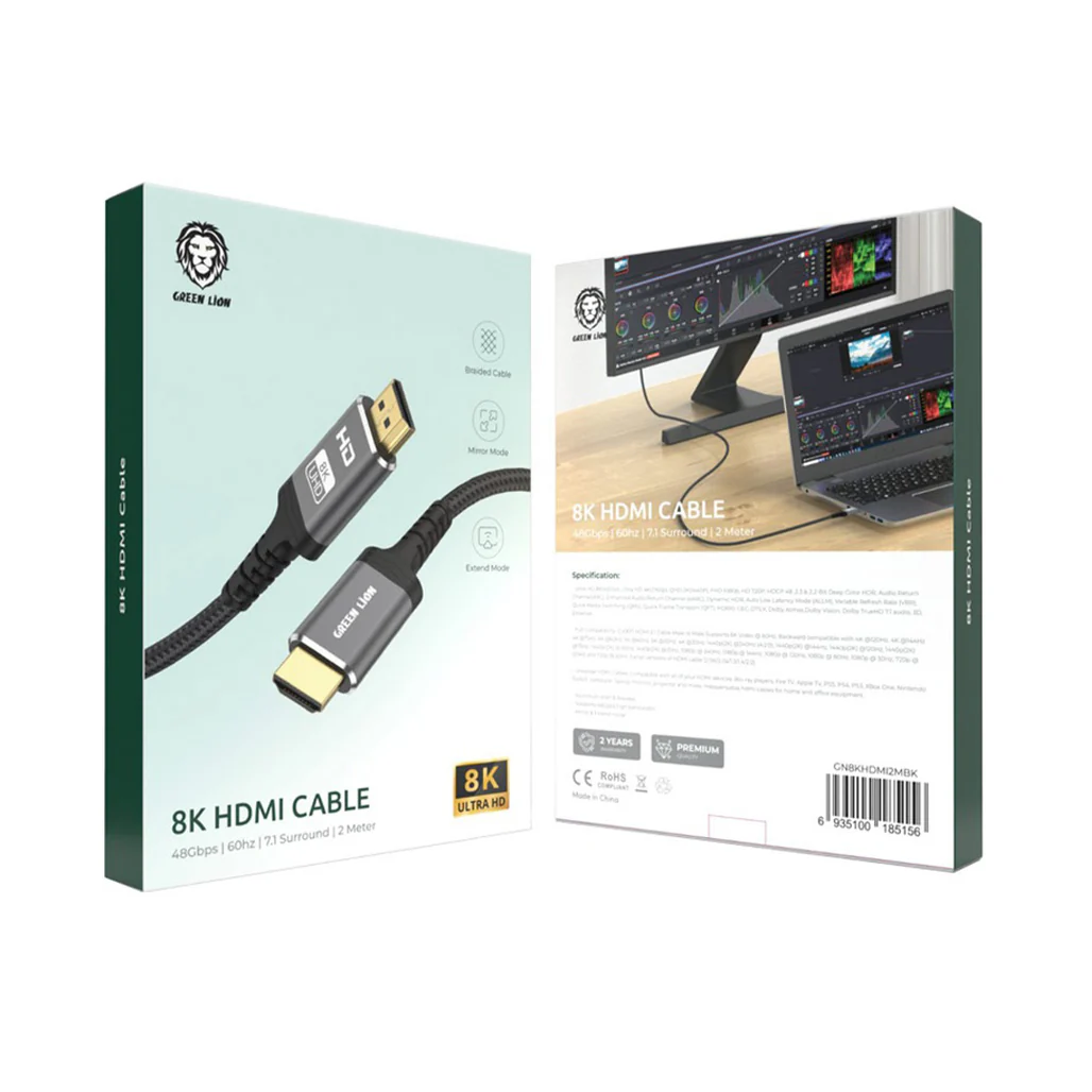 Green Lion 8K HDMI Cable 2M – Ultra HD, HDR, VRR, 7.1 Surround Sound, High-Speed Braided Cable - Image 3