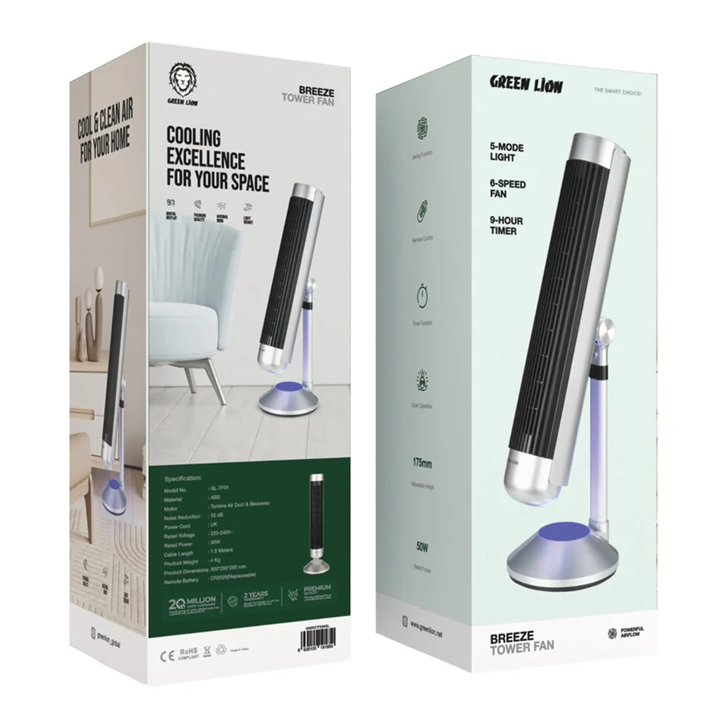 Green Lion Breeze Tower Fan - Silver, Bladeless Design with Adjustable Speeds and Remote Control - Image 3