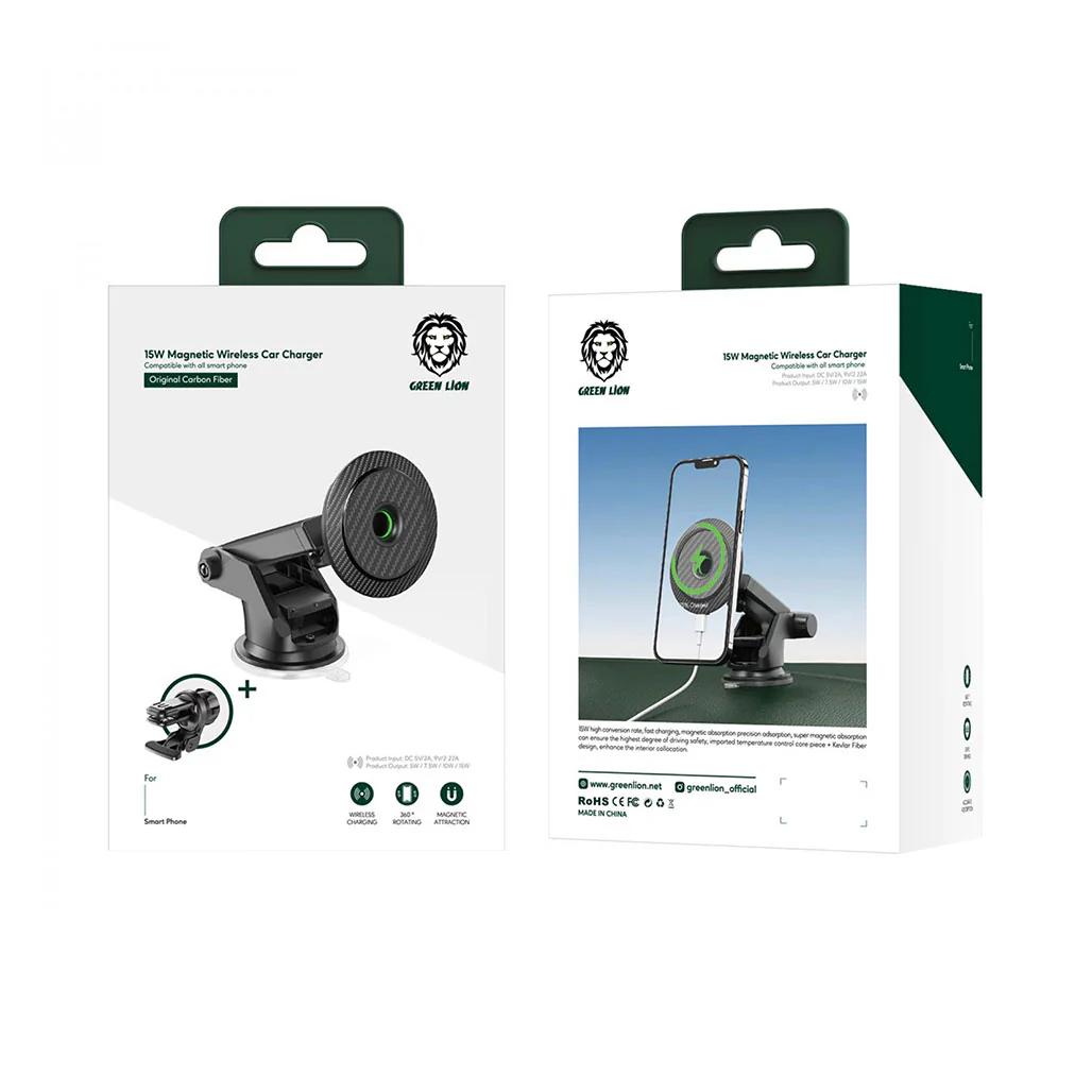 Green Lion Carbon Fiber Magnetic Wireless Car Charger 15W - Image 3