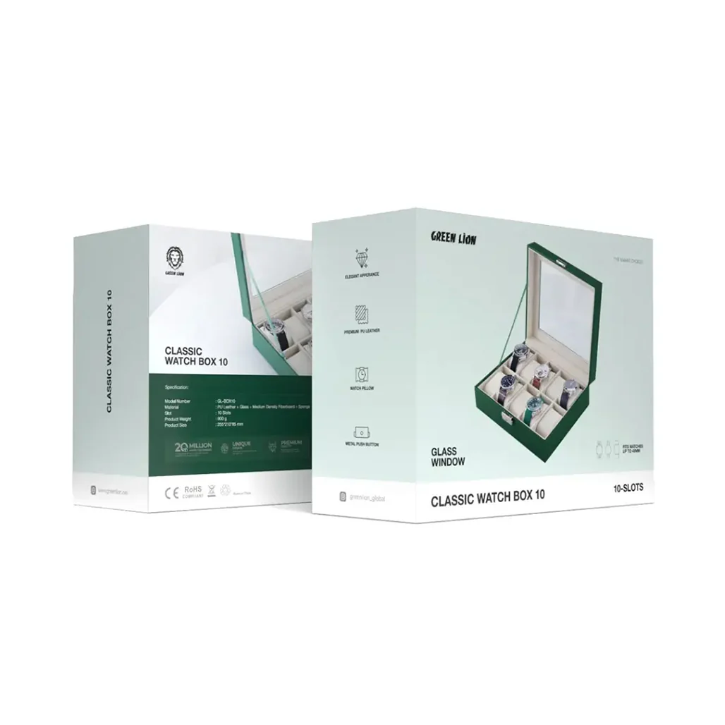 Green Lion Classic 10-Slot Watch Box with Glass Top - Green | Elegant and Durable Storage - Image 2