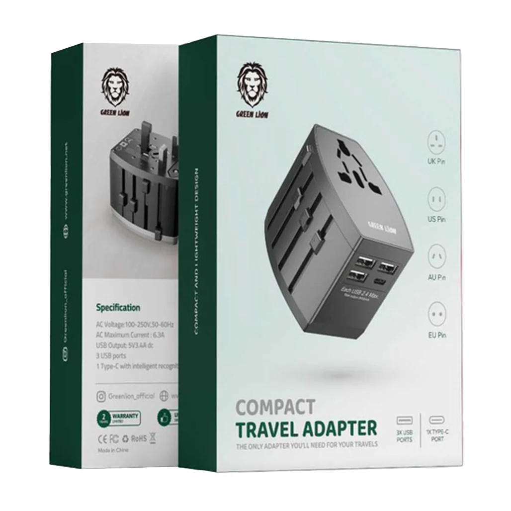 Green Lion Compact Travel Adapter - Universal Plug with Multi-Port Charging