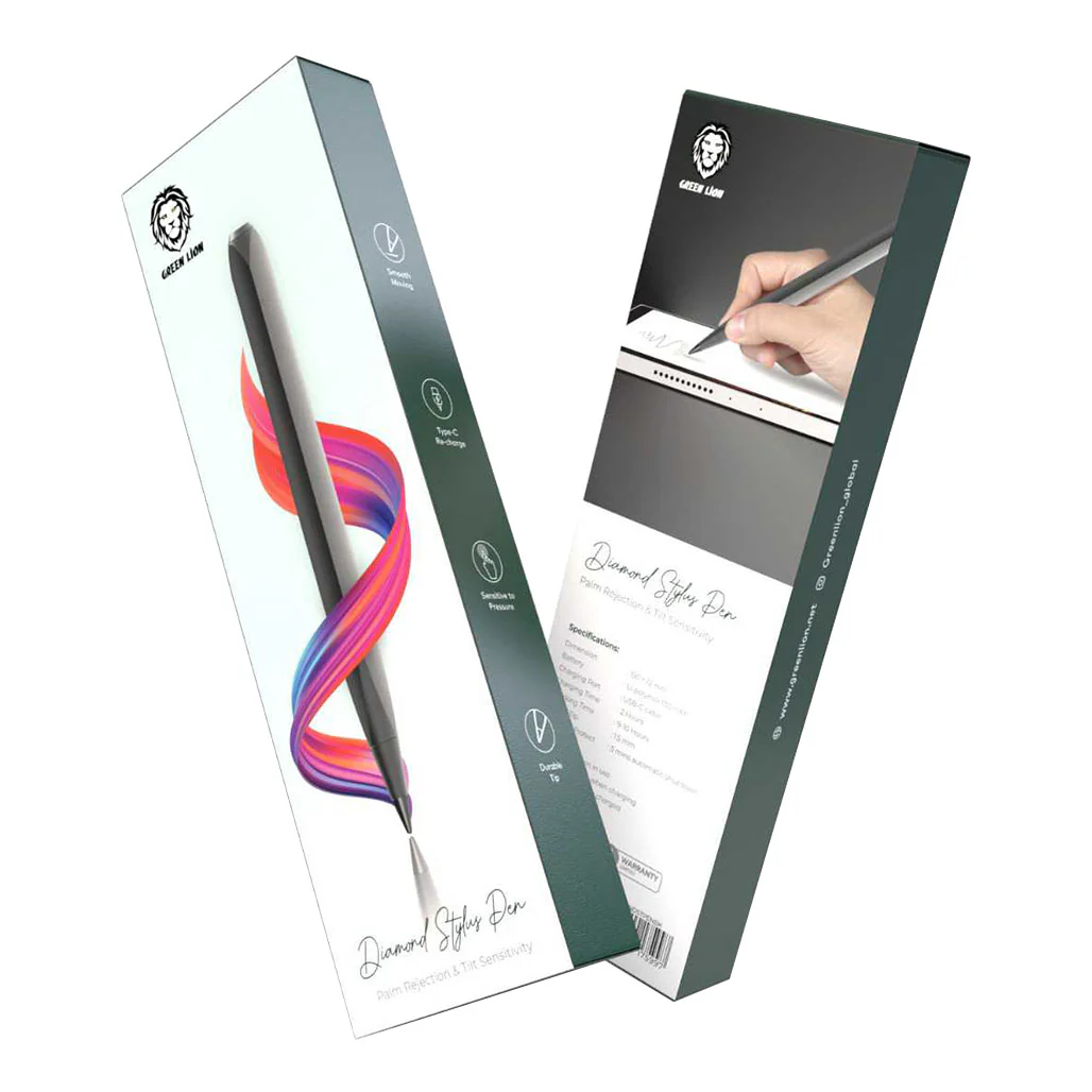 Green Lion Diamond Stylus Pen - Black | Pressure & Tilt Sensitivity, USB-C Charging