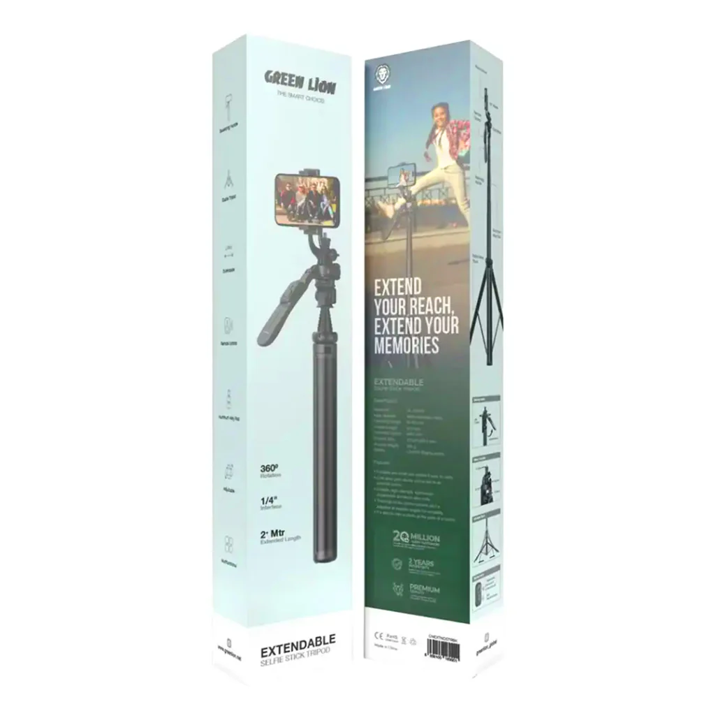 Green Lion Extendable Selfie Stick Tripod with 360° Rotation and Remote Control - Black - Image 2