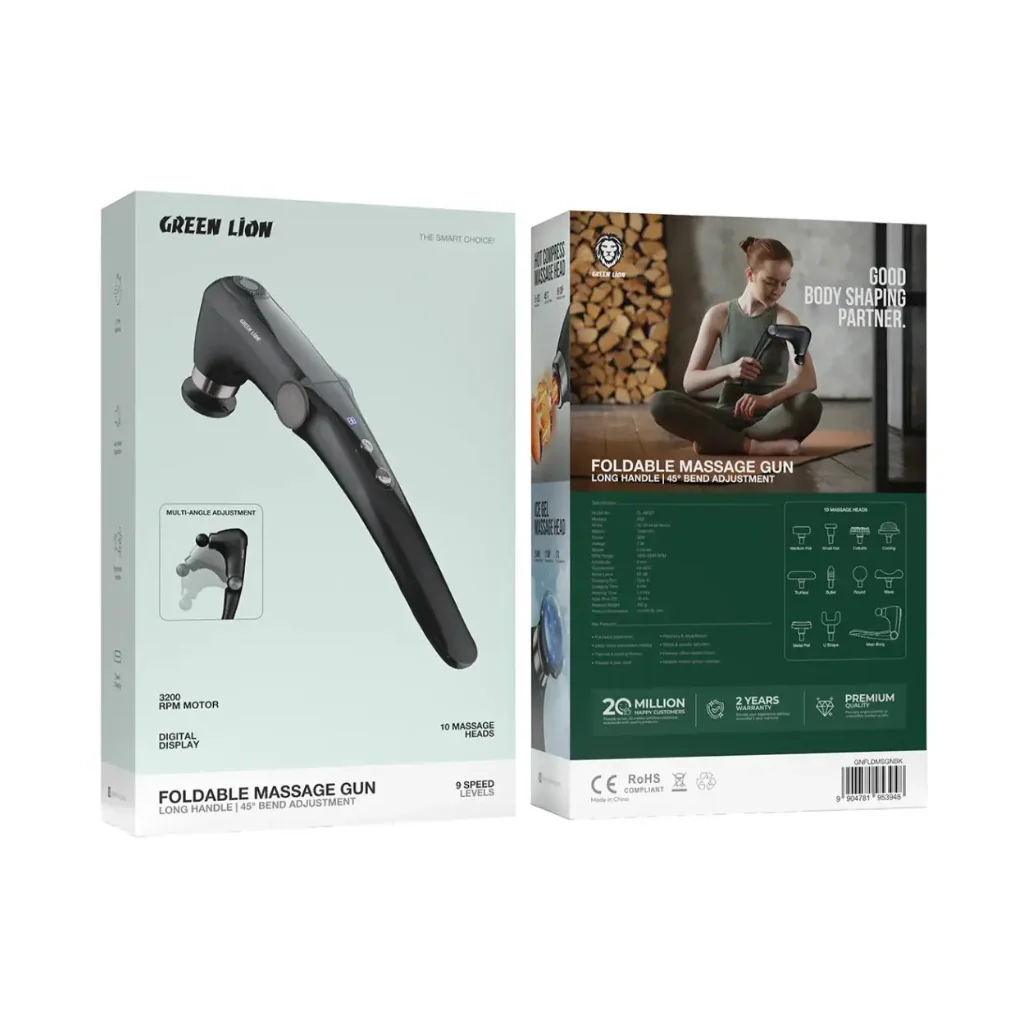 Green Lion Foldable Massage Gun with Long Handle & 45° Bend Adjustment - Black - Image 3