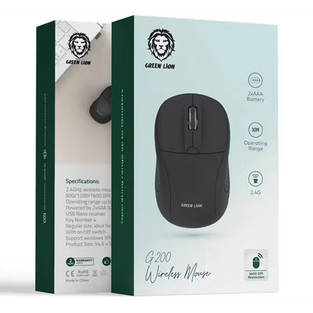 Green Lion G200 Wireless Mouse – Ergonomic Lightweight Mouse with Adjustable DPI (800/1200/1600), 2.4GHz Connection, 10m Range – Black - Image 2