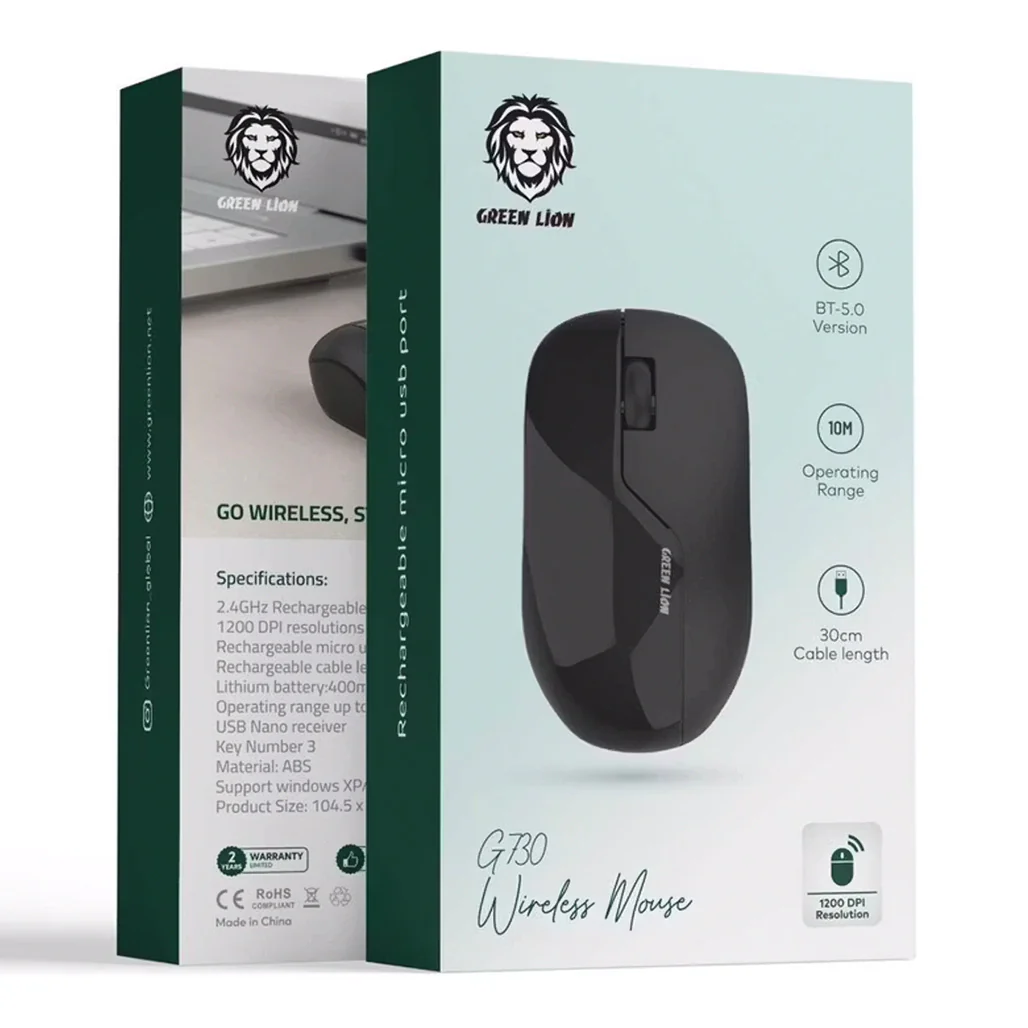 Green Lion G730 Wireless Bluetooth Mouse – 1200 DPI, Rechargeable 400mAh Battery, 10m Range, USB Nano Receiver - Image 4