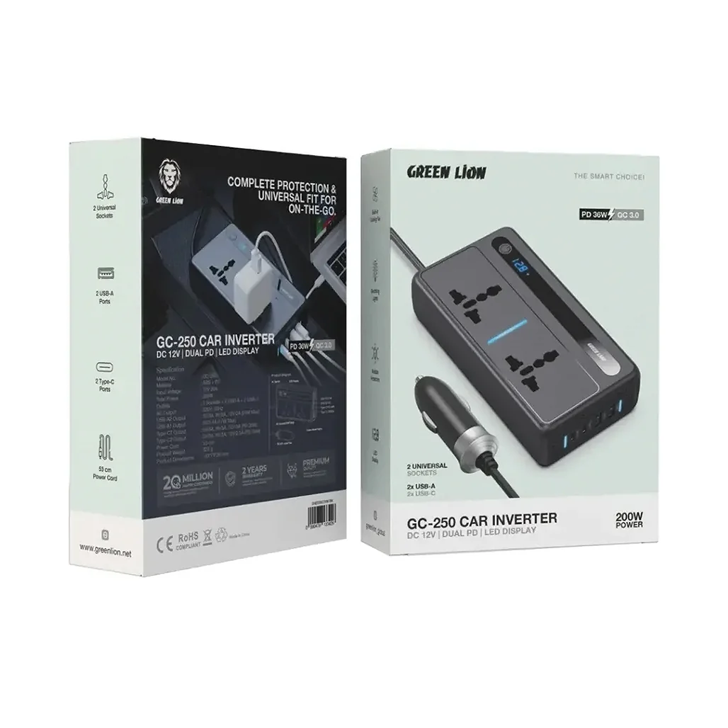 Green Lion GC-250 Car Inverter 200W - Black | 6-Port Power Device with Fast Charging - Image 2