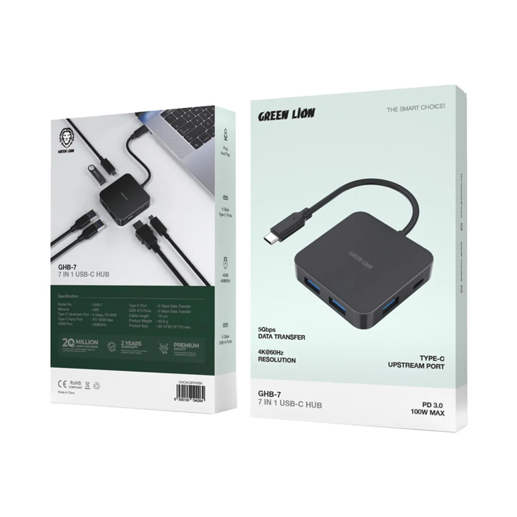Green Lion GHB-7 7-in-1 USB-C Hub - High-Speed Data Transfer, 4K HDMI, 100W Power Delivery, Black - Image 2