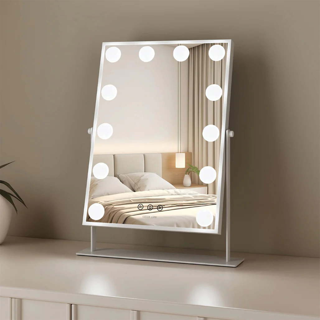 Green Lion Glam Shine Makeup Mirror with 12 LED Lights and 360° Rotation – White - Image 3