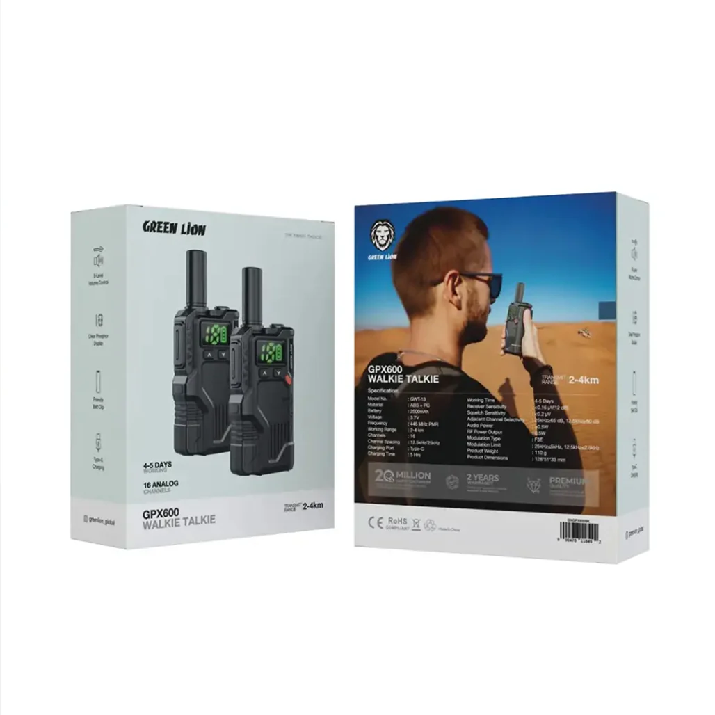 Green Lion GPX600 Long-Range Walkie Talkie – 16-Channel Two-Way Radio, 2500mAh Battery, Type-C Charging – Black - Image 2