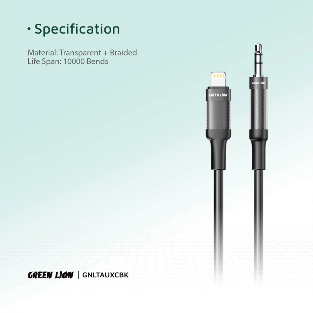 Green Lion Lightning to AUX 1M Braided Cable – Black, High-Quality Audio & Durability for iPhone - Image 2