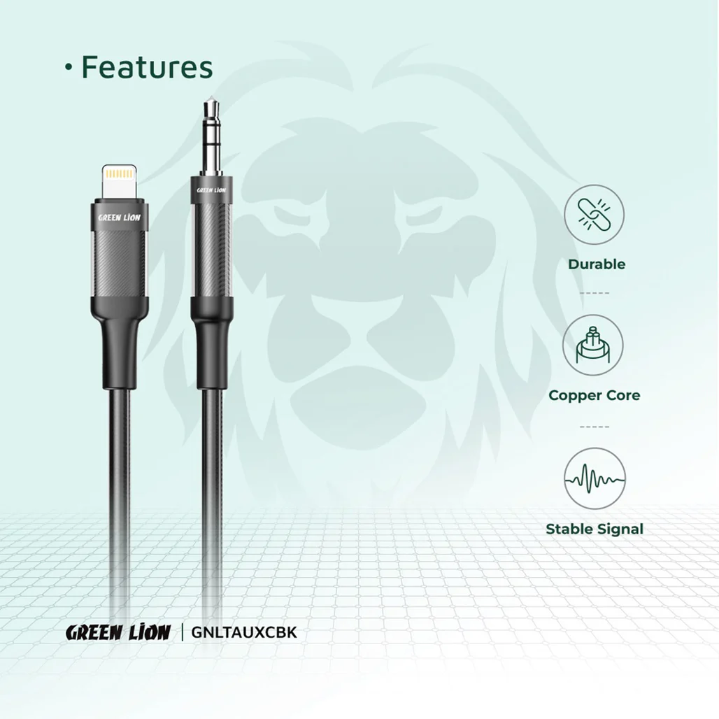 Green Lion Lightning to AUX 1M Braided Cable – Black, High-Quality Audio & Durability for iPhone - Image 3