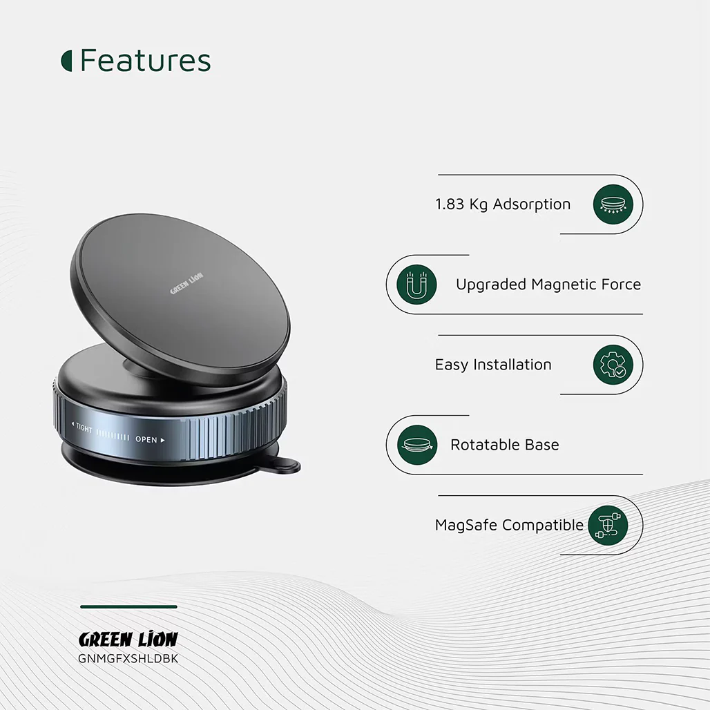 Green Lion Magno Flex Magnetic Phone Holder – 10 N52 Magnets, Strong Vacuum Suction, 360° Rotating Mount – Car & Home Use, MagSafe Compatible – Black - Image 9