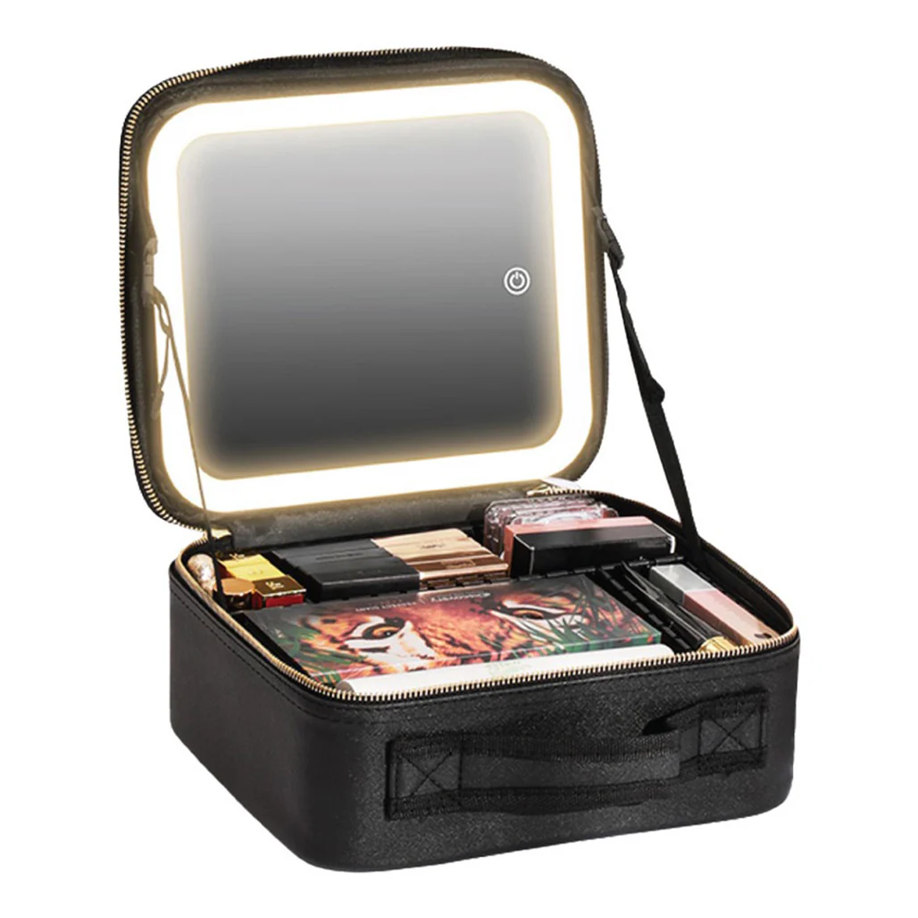 Green Lion Makeup Organizer - Portable Beauty Storage with 4K Mirror & LED Lights - Black