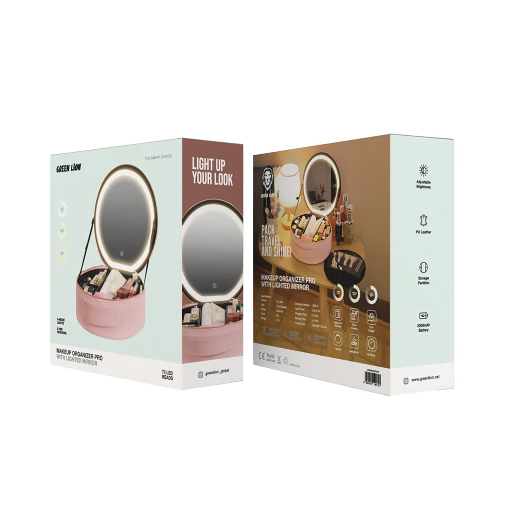 Green Lion Makeup Organizer Pro - Chic Pink Beauty Storage with 4K Mirror & LED Lighting - Image 3