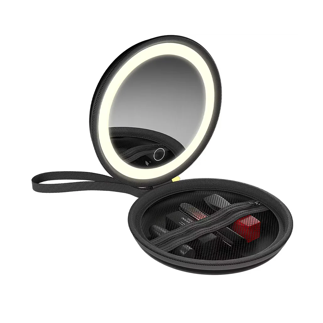 Green Lion Mini Makeup Pouch with LED Mirror, 36 LED Beads, Adjustable Brightness & Built-in Organizer – 800mAh Rechargeable Battery, Black