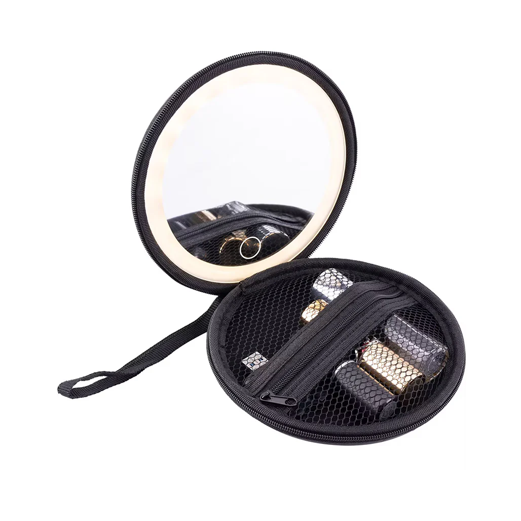 Green Lion Mini Makeup Pouch with LED Mirror, 36 LED Beads, Adjustable Brightness & Built-in Organizer – 800mAh Rechargeable Battery, Black - Image 4