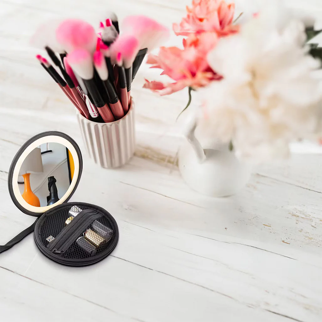 Green Lion Mini Makeup Pouch with LED Mirror, 36 LED Beads, Adjustable Brightness & Built-in Organizer – 800mAh Rechargeable Battery, Black - Image 8
