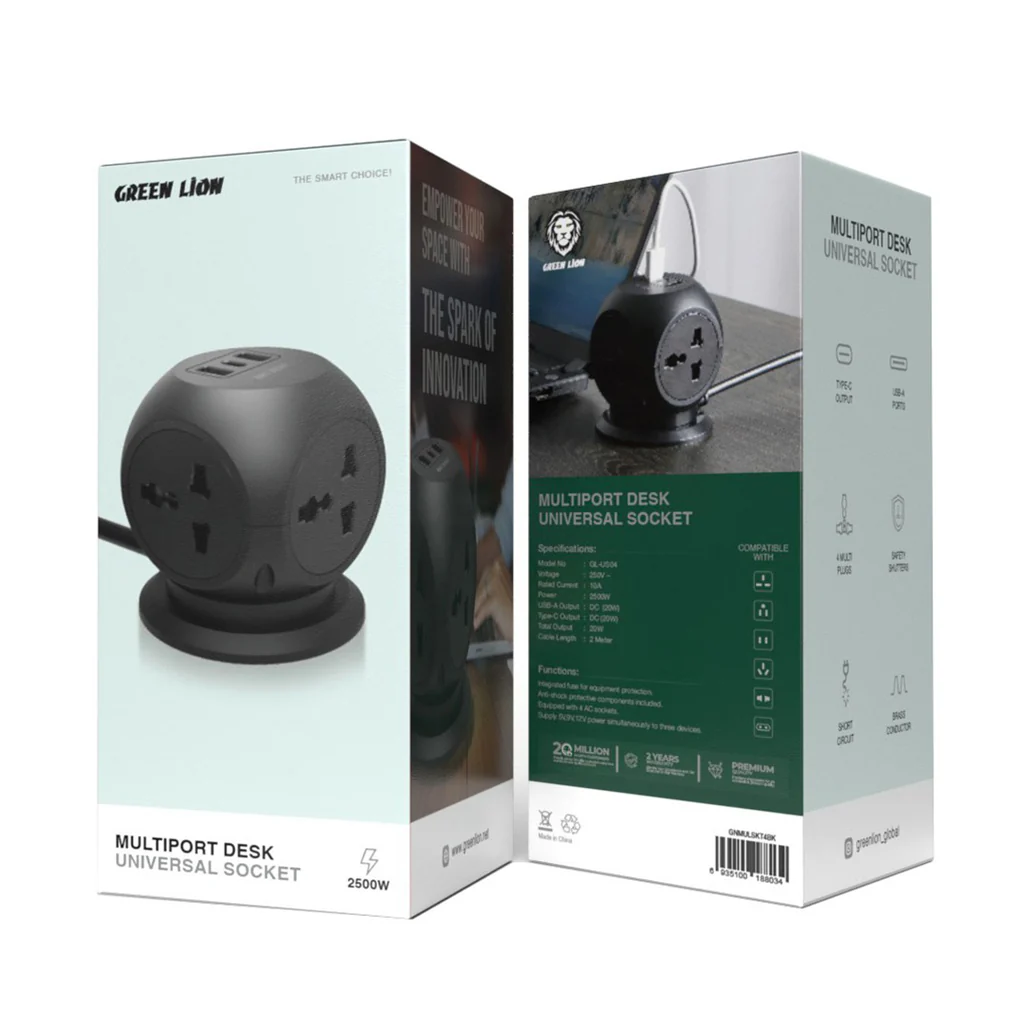 Green Lion MultiPort Desk Universal Socket - Black | Versatile Power Solution for Home and Office - Image 2