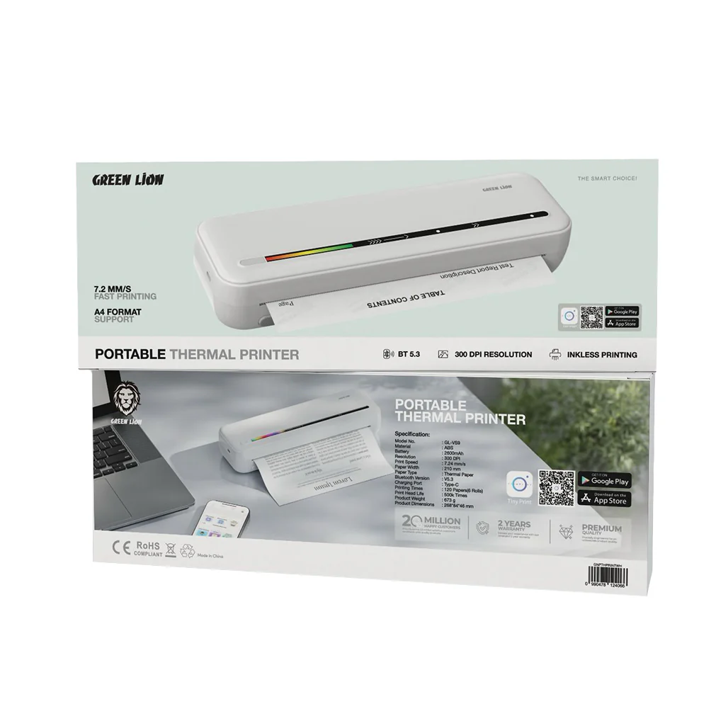 Green Lion Portable Thermal Printer – Inkless 300 DPI Bluetooth 5.3, Rechargeable Mini Printer - Image 2