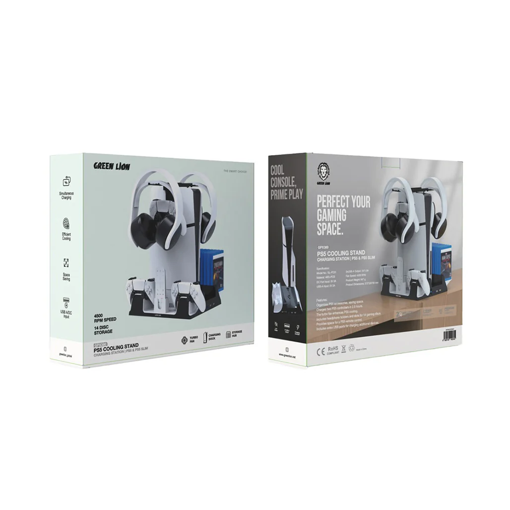 Green Lion PS5 Cooling Stand & Charging Station with Turbo Fan and 14-Disc Storage – White - Image 3