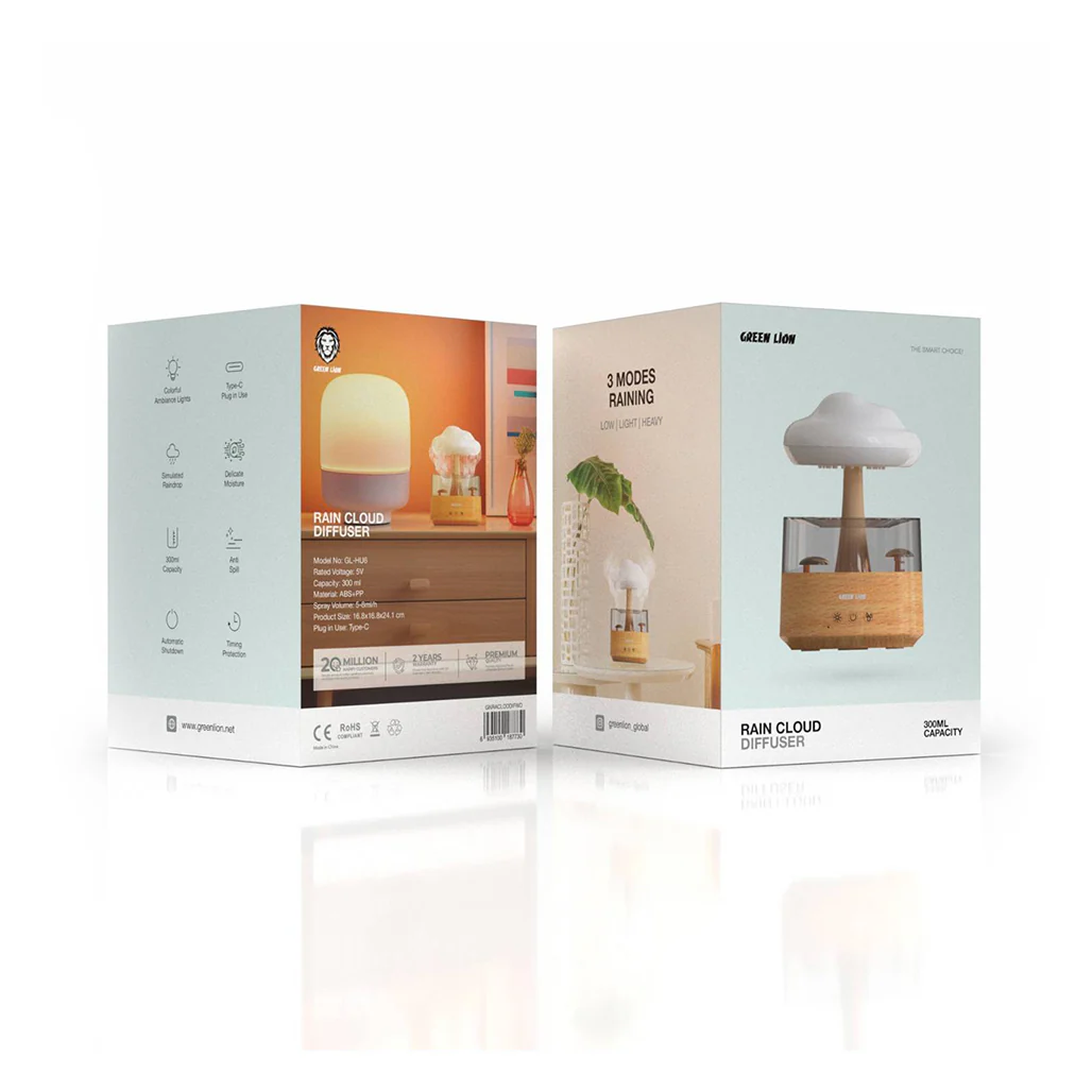 Green Lion Rain Cloud Diffuser - 300ml Capacity, 5-8ml/h Spray Volume, Type-C Plug, Automatic Shutdown, Anti-Spill Design, Colorful Ambiance Lights - Wood Finish - Image 2