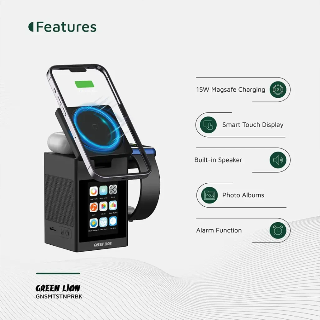 Green Lion Smart Station Pro LCD Display Wireless Charger with Speaker - Black - Image 3