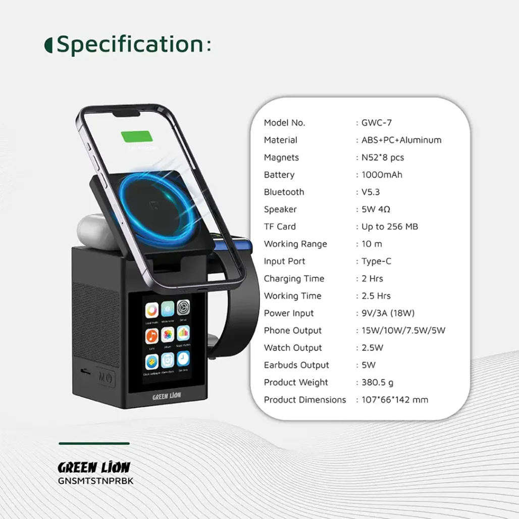 Green Lion Smart Station Pro LCD Display Wireless Charger with Speaker - Black - Image 4