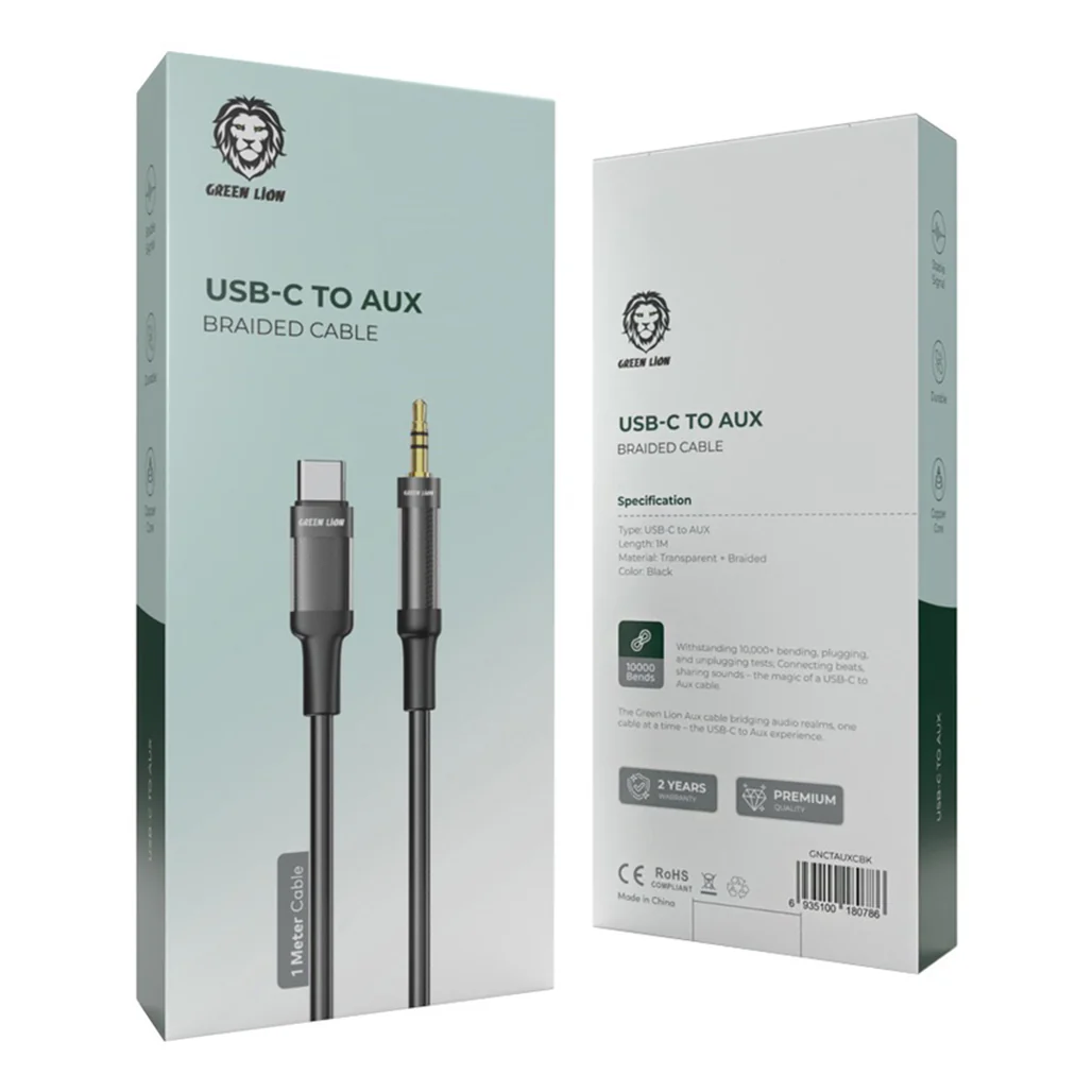 Green Lion USB-C to AUX Braided Cable 1M - Black | Durable & Clear Sound Quality - Image 2