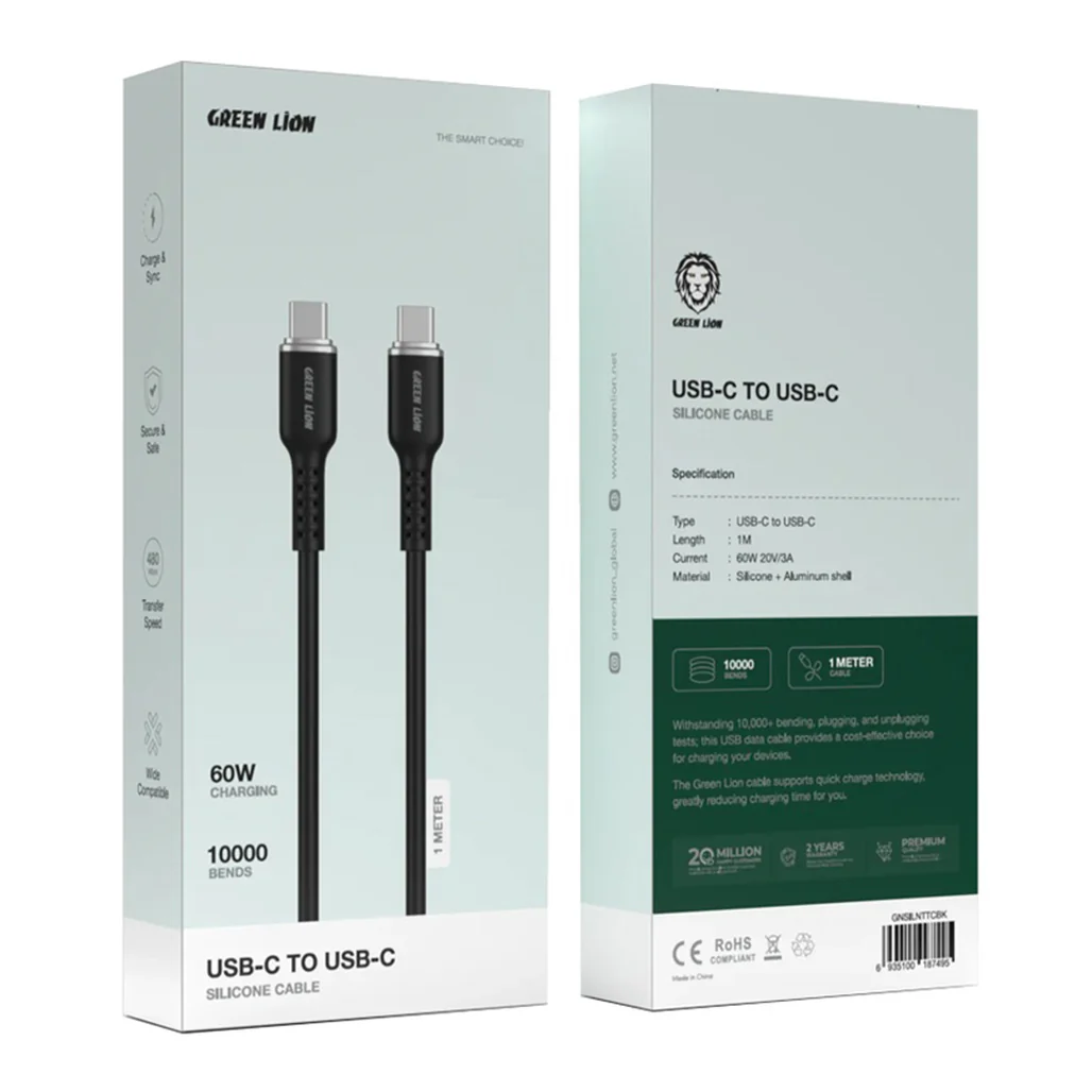 Green Lion USB-C to USB-C Silicone Cable - Fast Charging & Data Transfer - 1m Length - Image 2