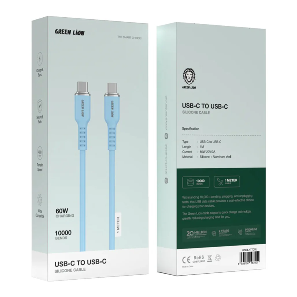 Green Lion USB-C to USB-C Silicone Cable - Fast Charging & Data Transfer - 1m Length - Image 4
