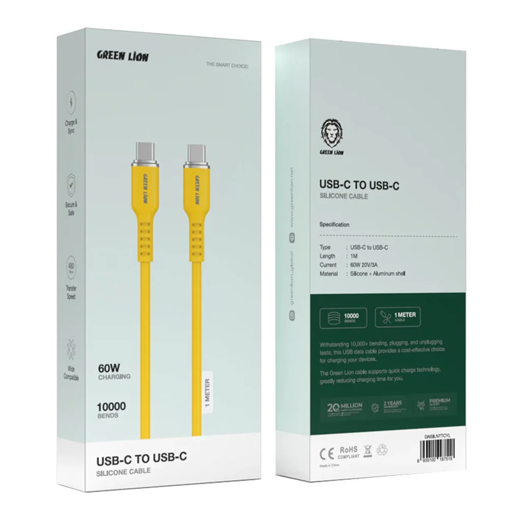 Green Lion USB-C to USB-C Silicone Cable - Fast Charging & Data Transfer - 1m Length - Image 6