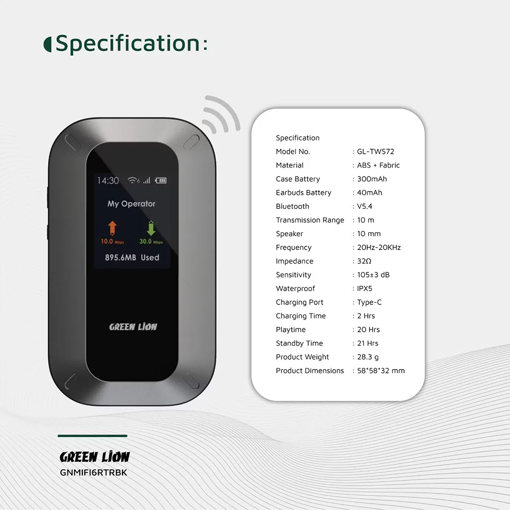 Green Lion WiFi 6 Portable MiFi Router – 4G LTE/3G Nano SIM, USB-C, 3000mAh Battery - Image 3