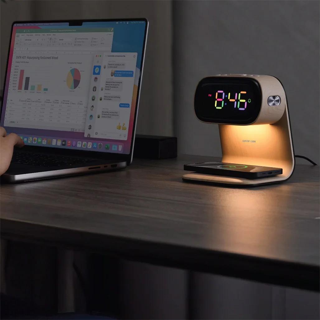 Green Lion Wooden Bedside Clock with 15W Fast Wireless Charging, Touch Control, Night Light & Alarm - Image 3