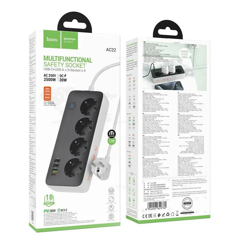 Hoco AC22 - Multifunctional Power Strip - (USB-C PD 30W, 3 USB-A Ports & 4 Universal Sockets) - Image 3
