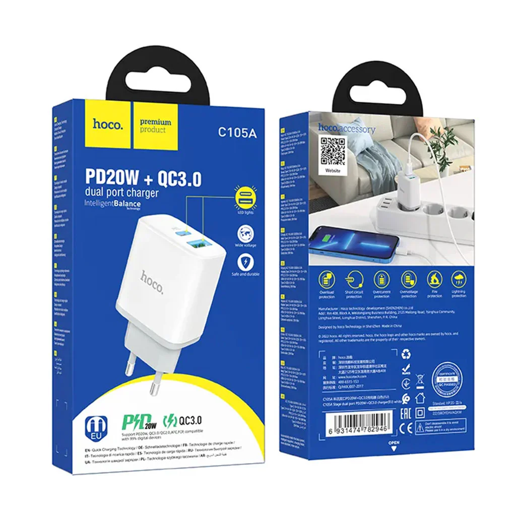 Hoco C105A Stage Dual Port Charger - 20W PD & QC3.0 Fast Charging - Image 4