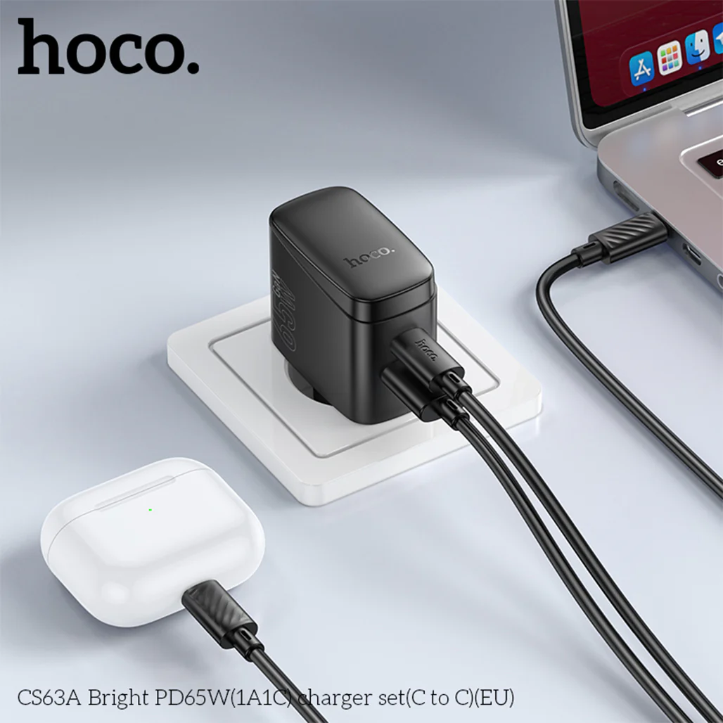 HOCO CS63A Bright PD65W Charger (1A1C) - USB-C, USB-A, EU Plug, 65W Output, Includes 1m Cable - Image 4