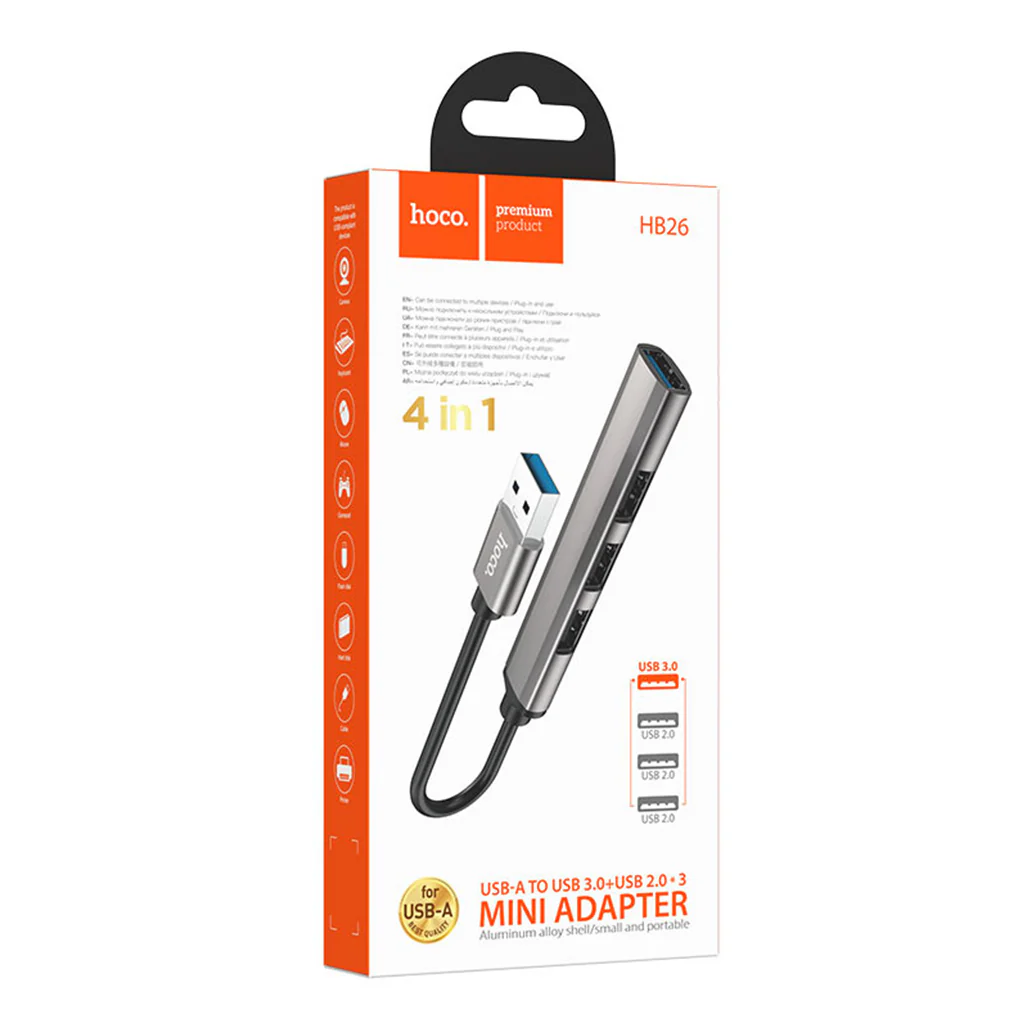 Hoco HB26 4-in-1 USB Hub – Aluminum Alloy, USB 3.0 & USB 2.0 Ports, - Image 3