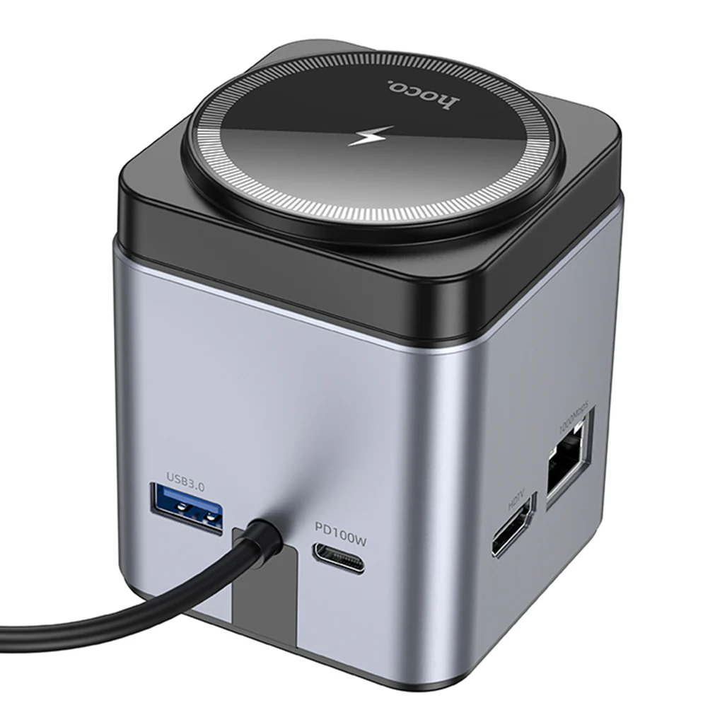 Hoco HB49 - 9in1 Magnetic Wireless Fast Charging Station – PD100W Type-C to HDMI, PD, USB3.0, SD, TF, RJ45, and Wireless Charging - Metal Gray - Image 4