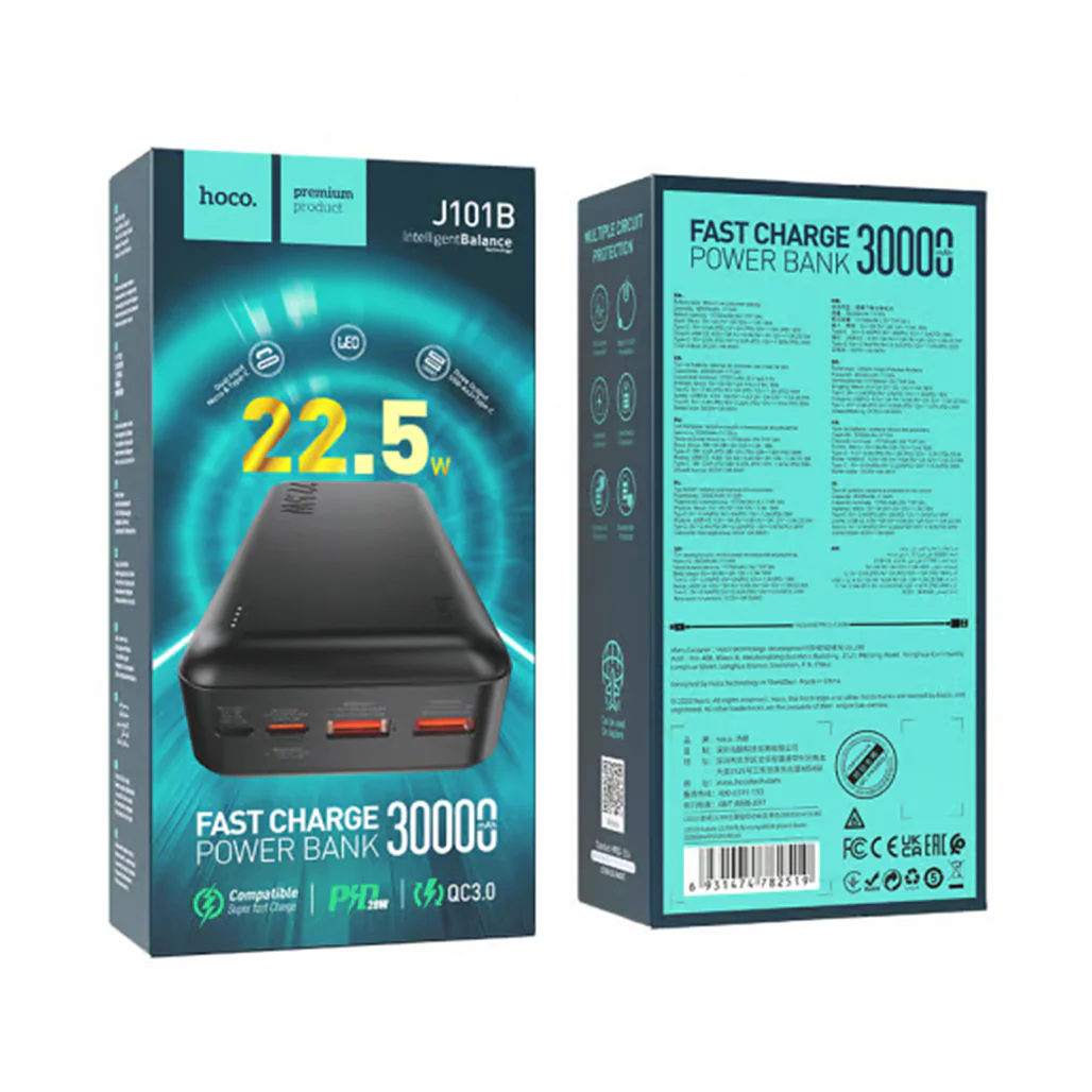 Hoco J101B Astute 22.5W 30000mAh Power Bank – Black - Image 3