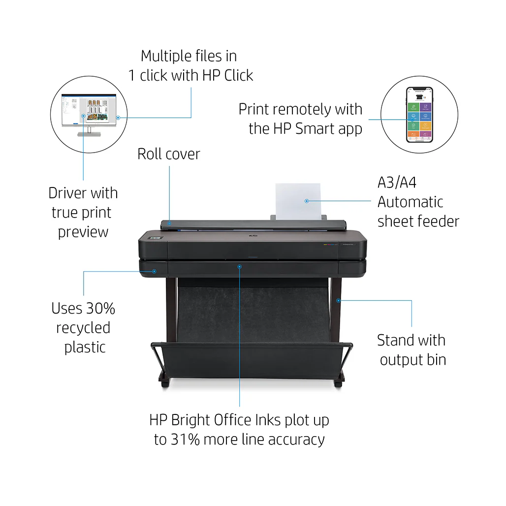 HP DesignJet T630 - 36" Large Format Wireless Plotter Printer with 1-Click Printing and Built-in Stand - Image 6