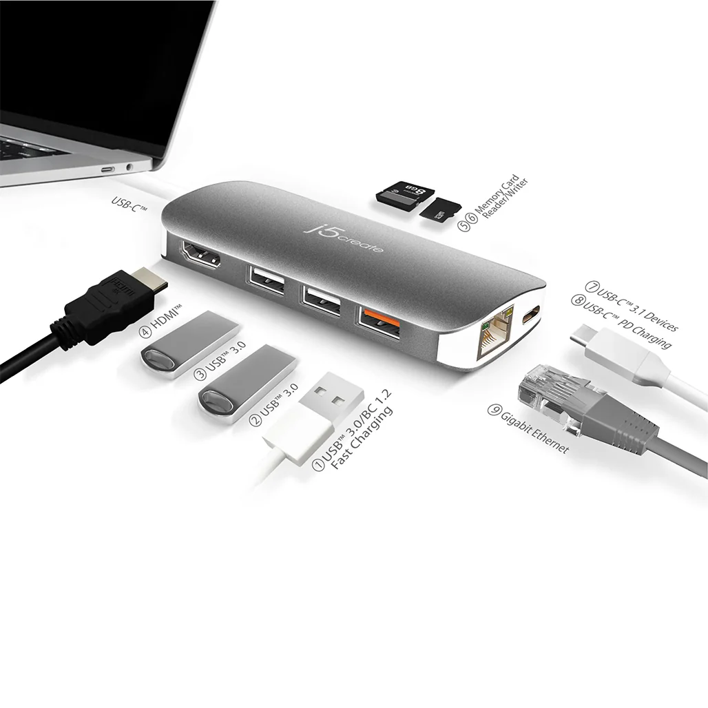 J5 Create USB-C Multi Adapter JCD383 - 9-in-1 Portable Hub with 4K HDMI, Power Delivery, and Gigabit Ethernet - Image 5