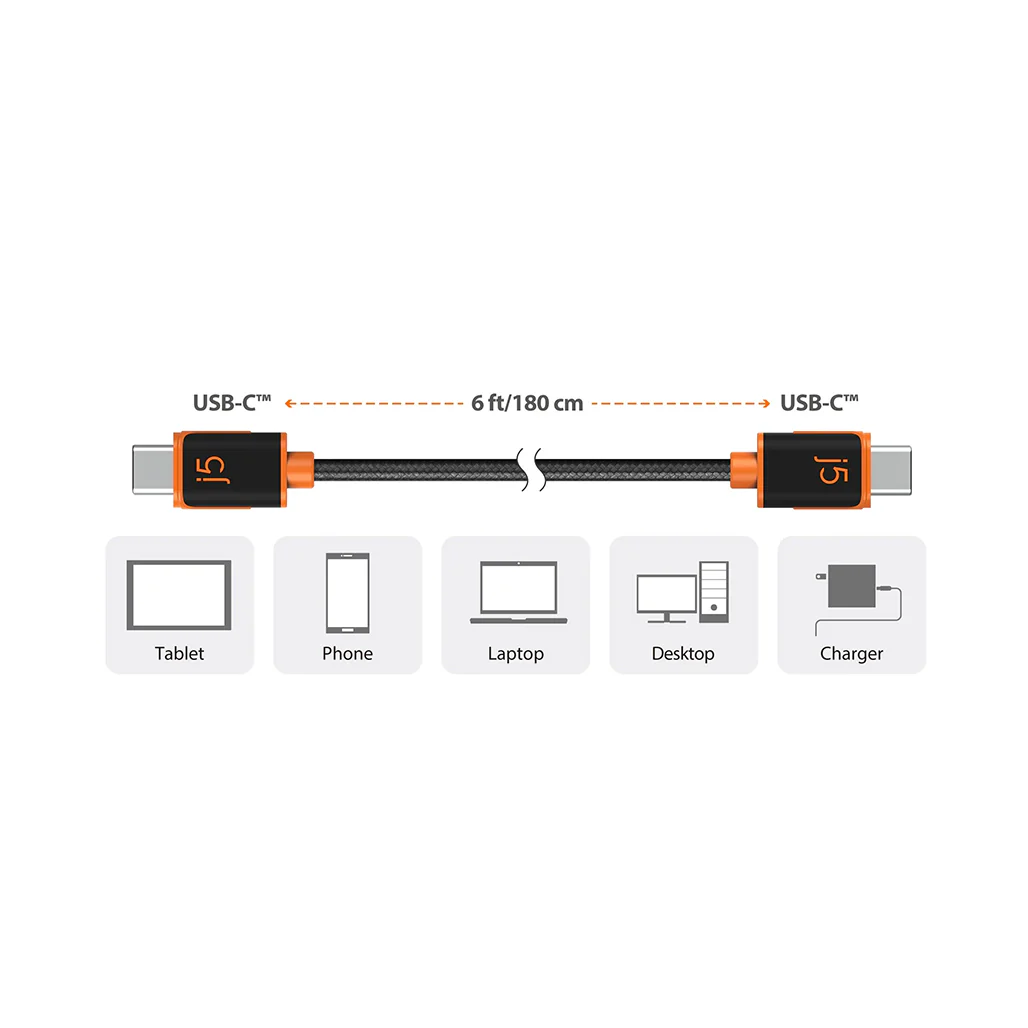 J5Create JUCX24 USB-C™ to USB-C™ Sync & Charge Cable - 6 ft Durable Braided Polyester, High-Speed Data Transfer & Charging - Image 5