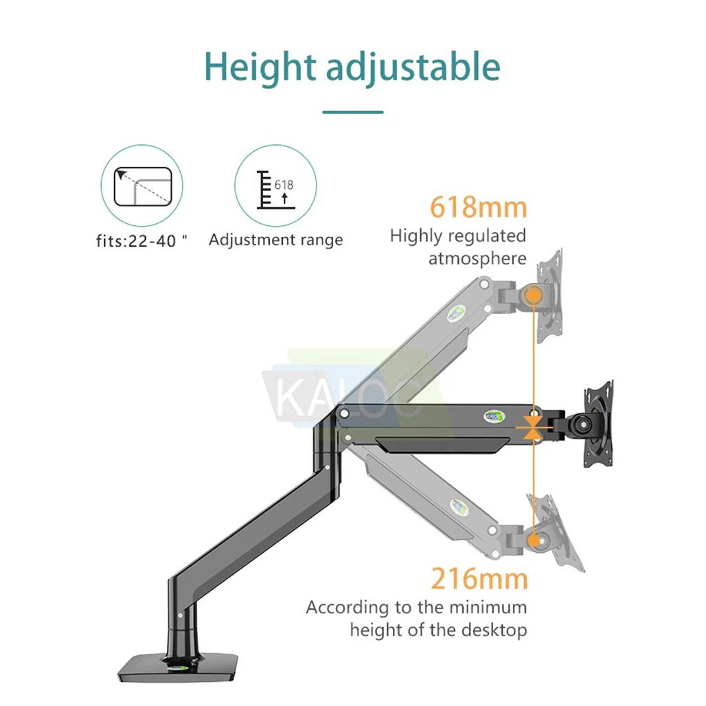 KALOC DS160 Adjustable Single Monitor Arm for 22" - 40" Screens with Gas Spring Technology for Easy Adjustment, Height & Angle Flexibility - Image 3
