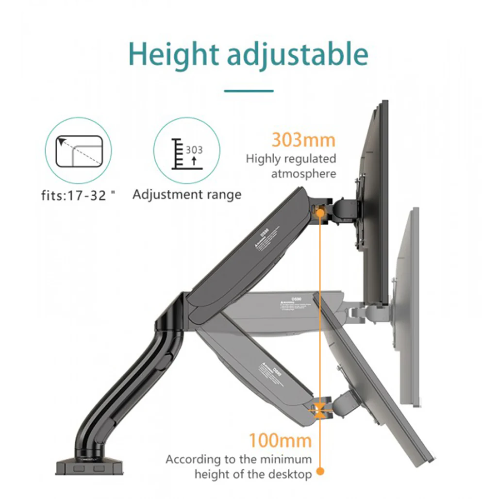 KALOC DS90 Adjustable Monitor Arm with Gas Spring for 17" - 32" Screens | Ergonomic Height & Cable Management - Image 2